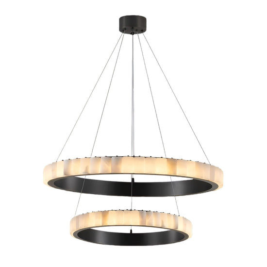 Lucenza LED 2 Tier Halo Ring Alabaster Chandelier - Matte Black
