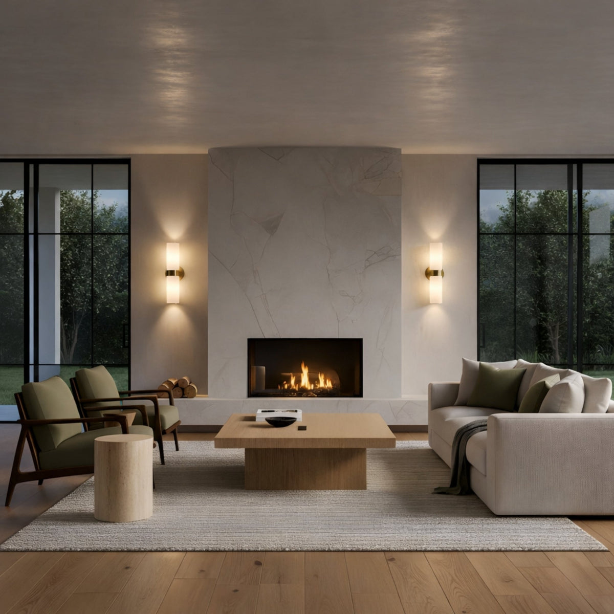 Elaris 2 Light Double Cylinder Alabaster Wall Light - Brass
