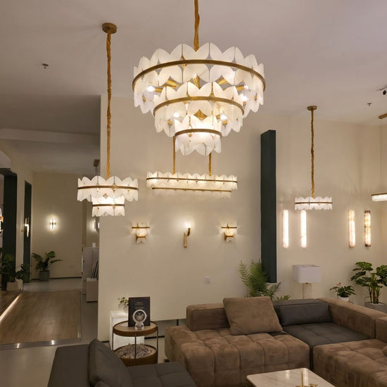 Petraia 2 Tier Floral Alabaster Chandelier - Brushed Brass