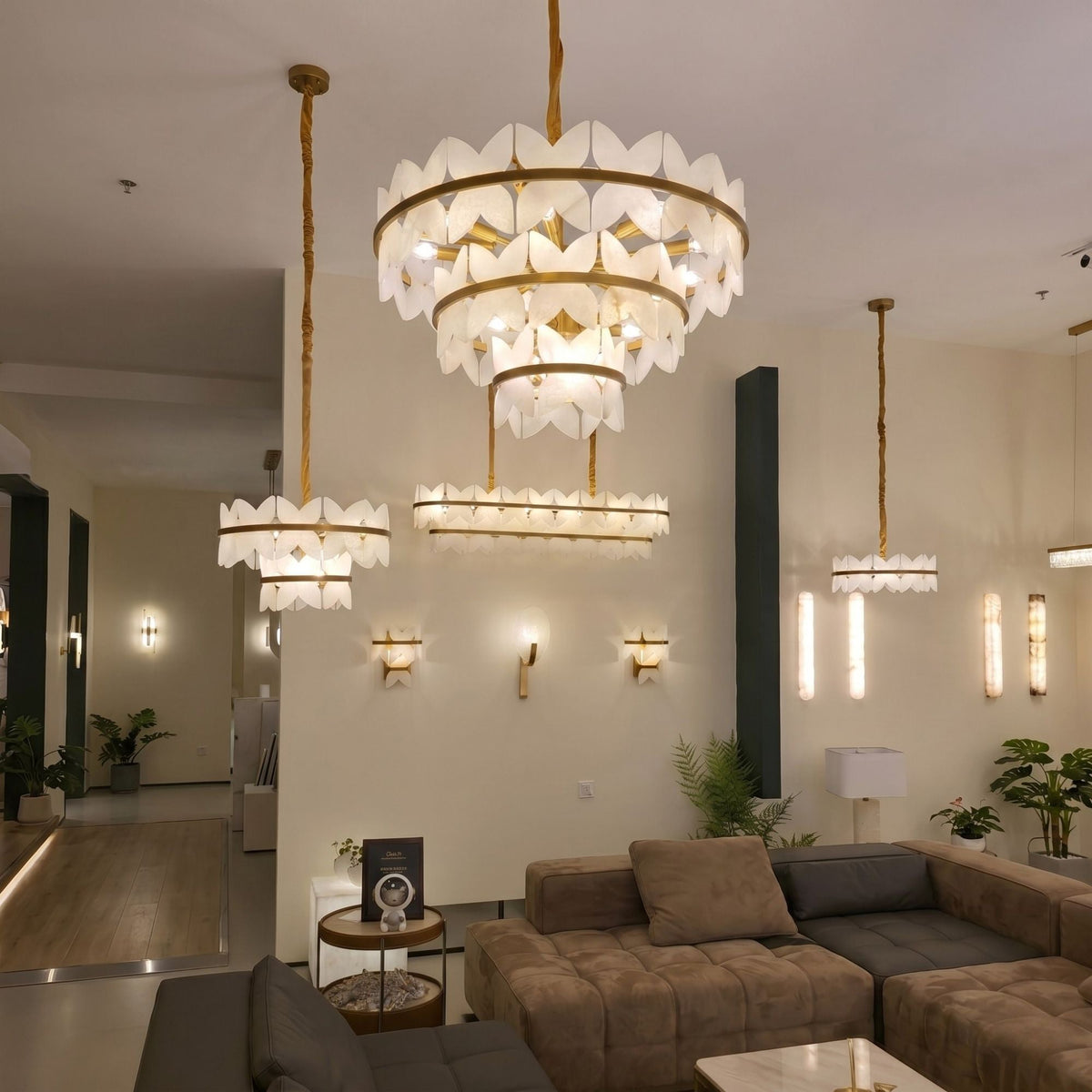 Petraia 6 Light Floral Alabaster Chandelier - Brushed Brass