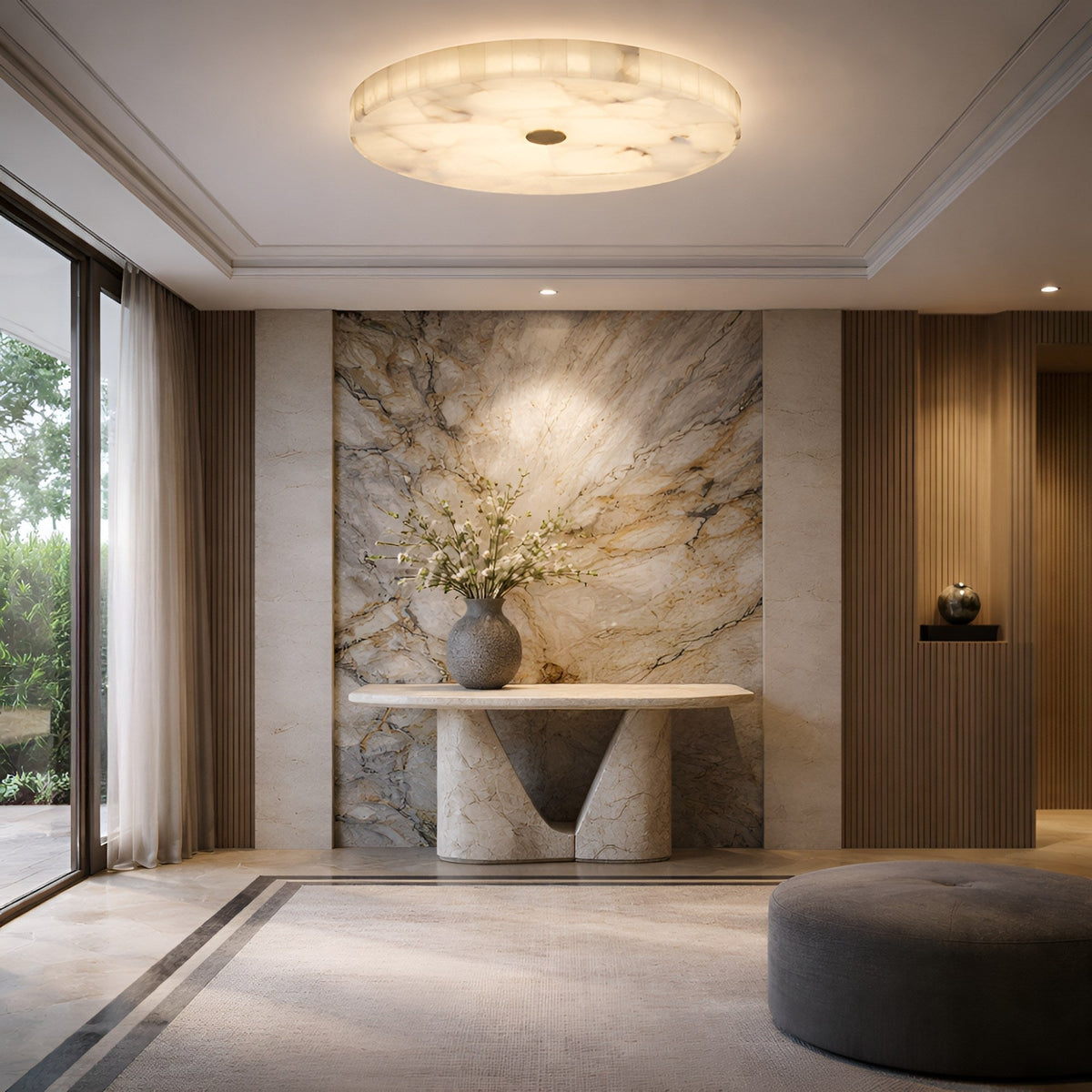 Veltrix LED Large Round Alabaster Flush Ceiling Light - Soft White & Brushed Brass