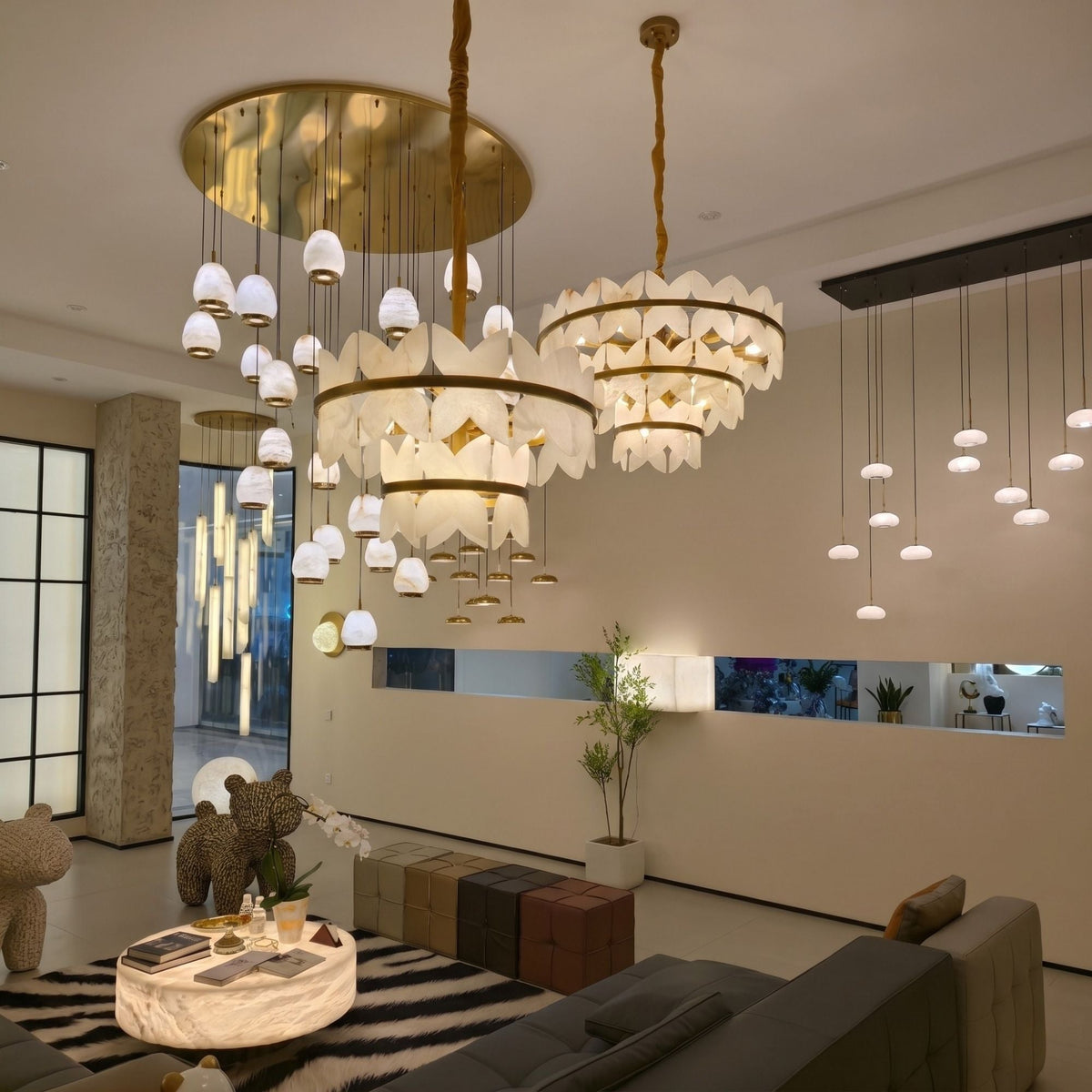 Petraia 3 Tier Floral Alabaster Chandelier - Brushed Brass