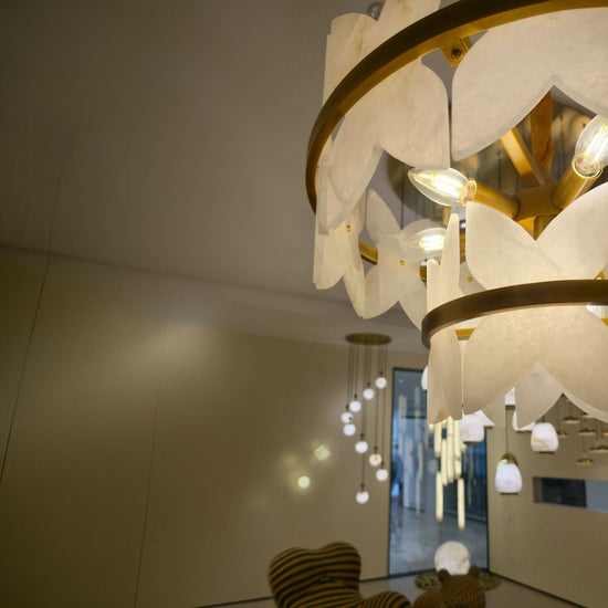 Petraia 4 Tier Floral Alabaster Chandelier - Brushed Brass