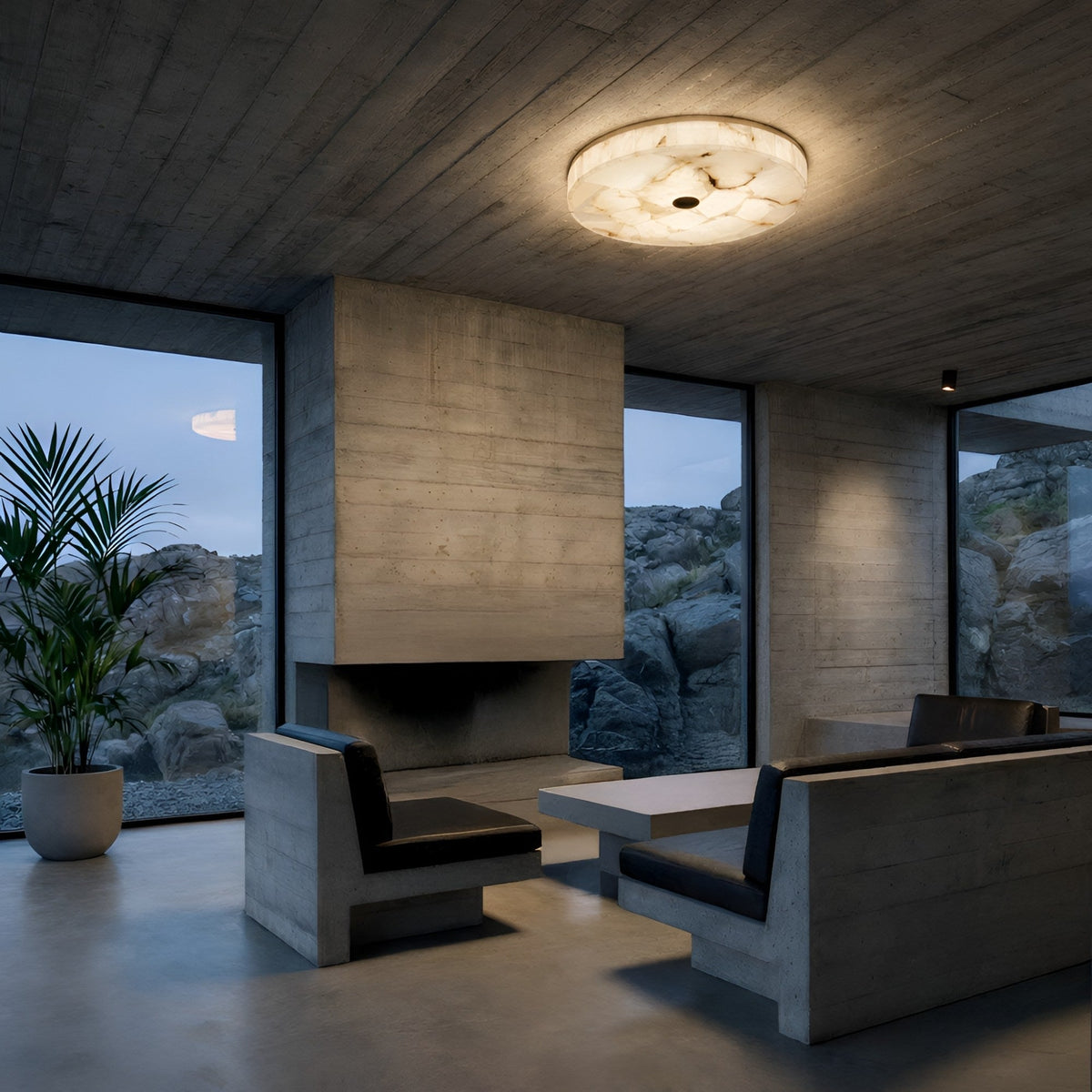 Veltrix LED Medium Round Alabaster Flush Ceiling Light - Soft White & Brushed Brass