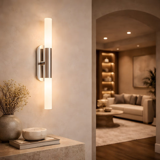 Aurelian LED Double Column Alabaster Wall Light - Satin Nickel