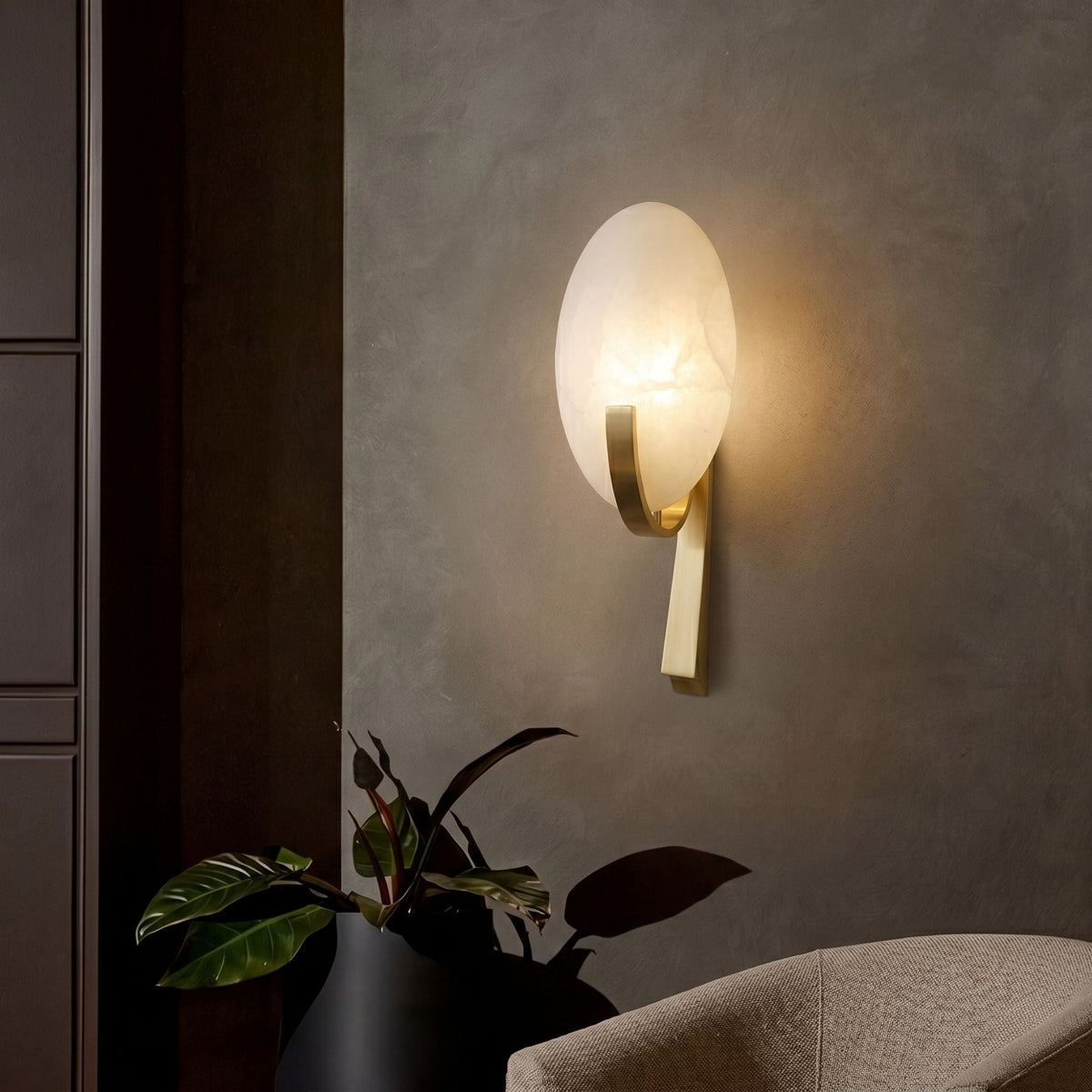 Mica 1 Light Disc Alabaster Wall Light - Soft White & Brushed Brass