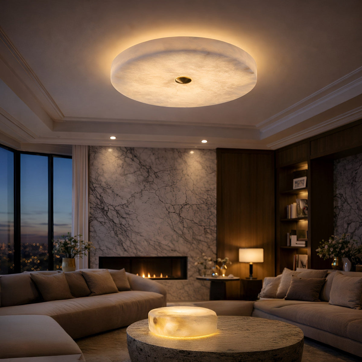 Aleron LED Large Round Alabaster Flush Ceiling Light - Soft White & Brushed Brass