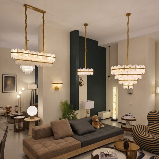 Petraia 4 Tier Floral Alabaster Chandelier - Brushed Brass