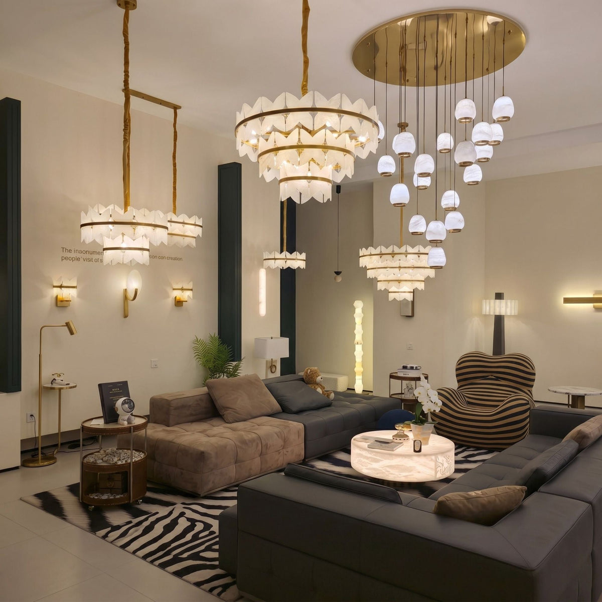 Petraia 3 Tier Floral Alabaster Chandelier - Brushed Brass