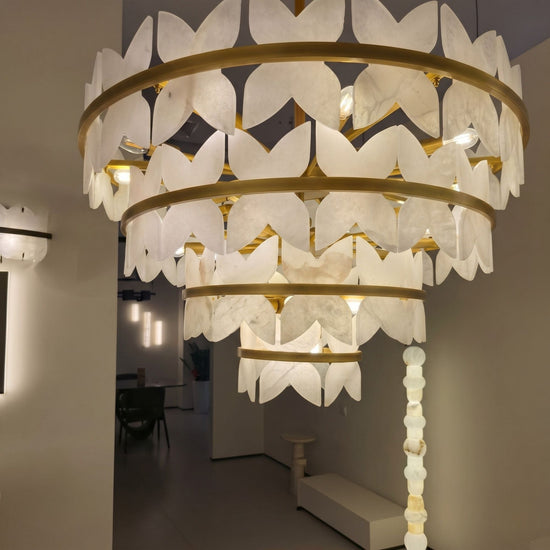 Petraia 4 Tier Floral Alabaster Chandelier - Brushed Brass
