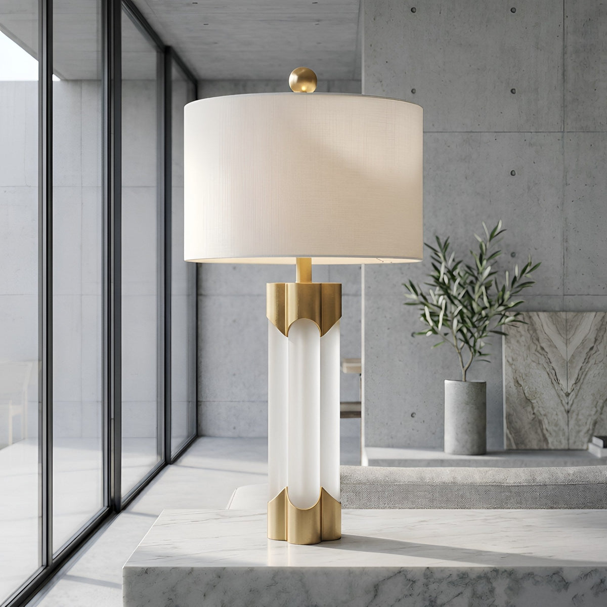 Lunivar Faceted Alabaster Column Table Lamp - Brass & White
