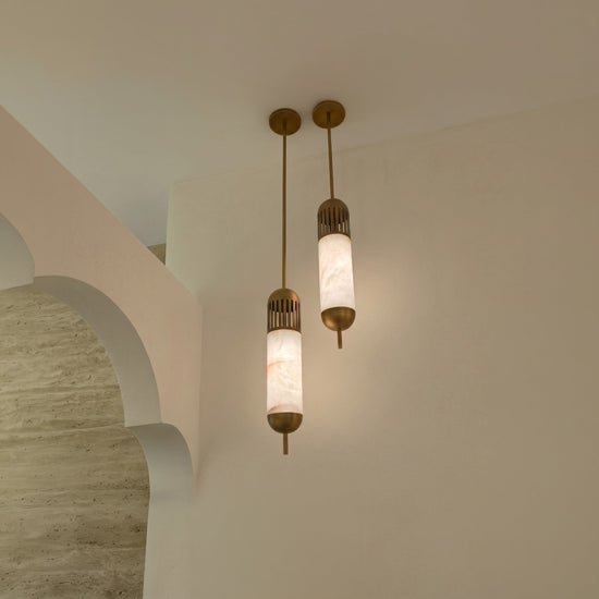 Zerith LED Alabaster Tube Pendant Light - Brushed Brass