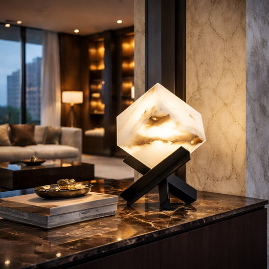 Kalythra Faceted Alabaster Table Lamp - Soft White & Matte Black
