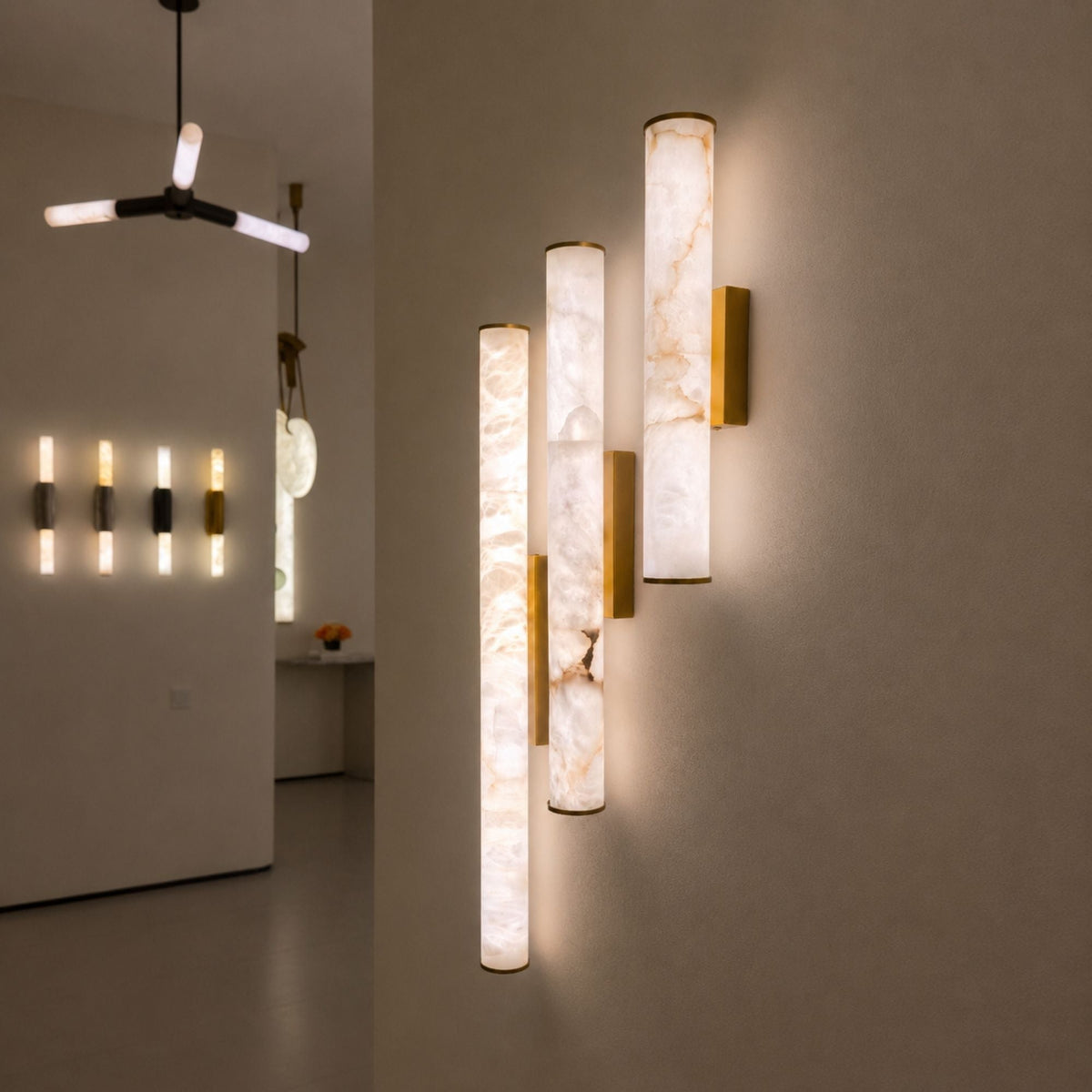 Montavo LED Alabaster Tube Wall Light 800mm - Brushed Brass