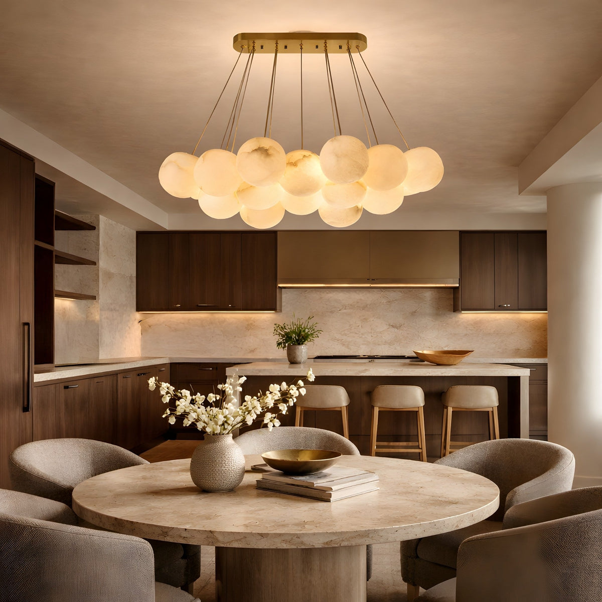 Noctis 14 Light Floating Globes Alabaster Chandelier - Brushed Brass