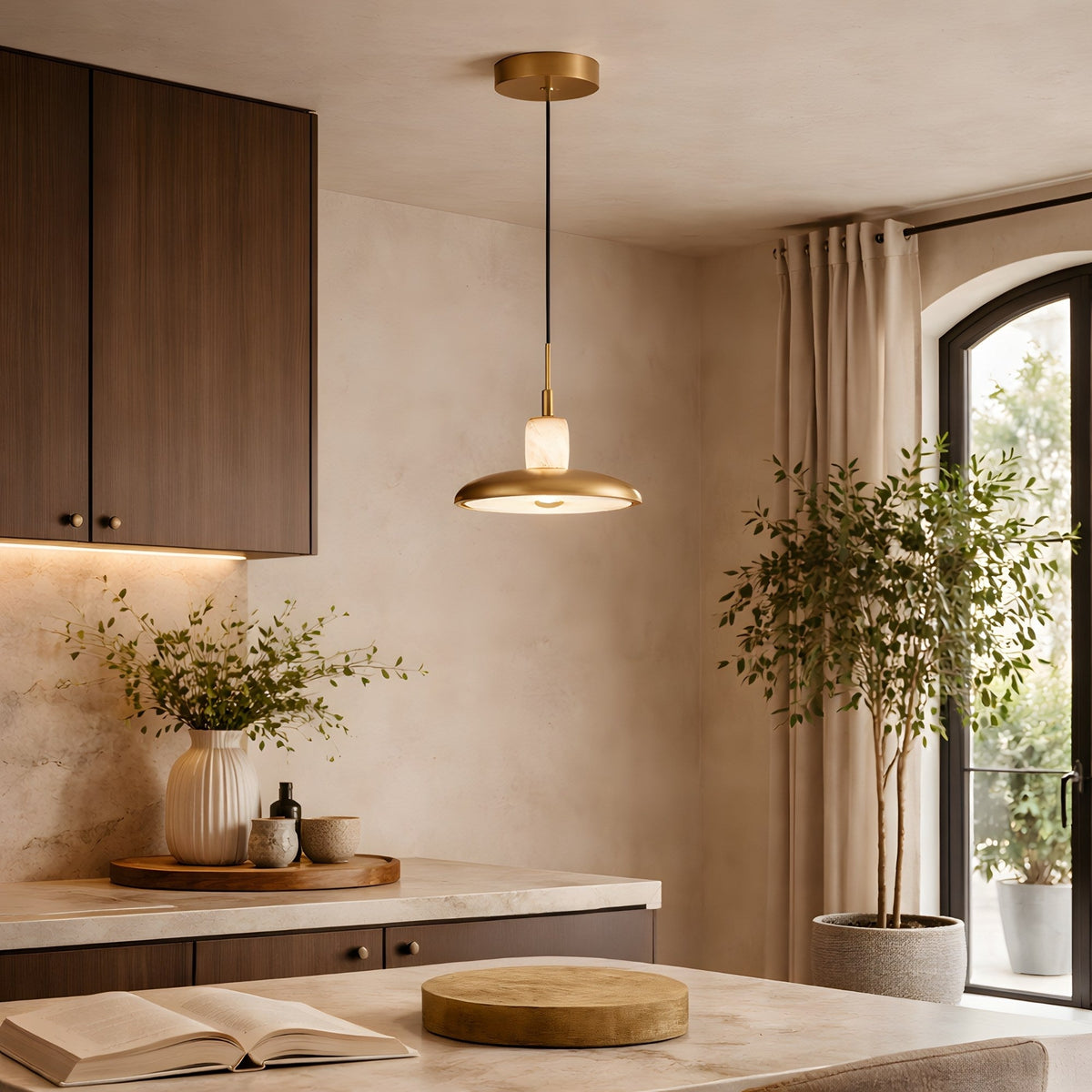 Aurevia LED Disc Alabaster Pendant Light - Brushed Brass