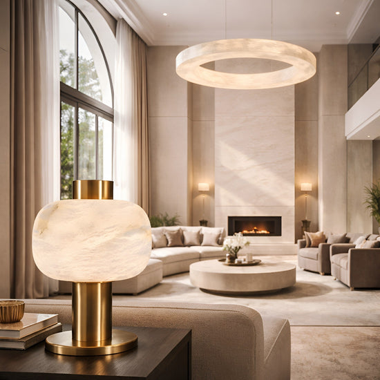 Marveta Large Rounded Alabaster Table Lamp - Soft White & Brass