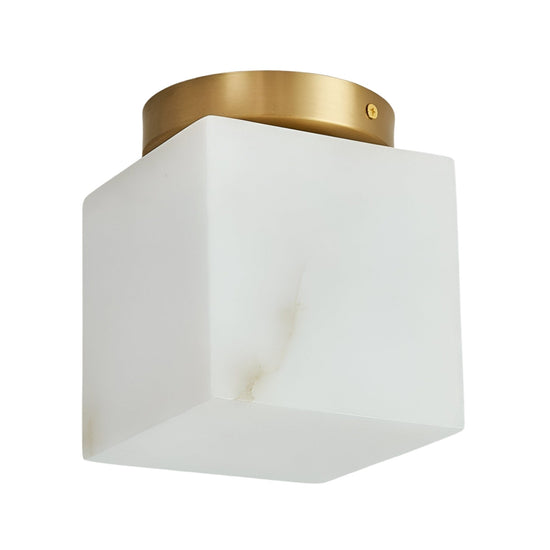 Bravora 1 Light Cube Alabaster Semi-Flush Ceiling Light - Soft White & Brushed Brass