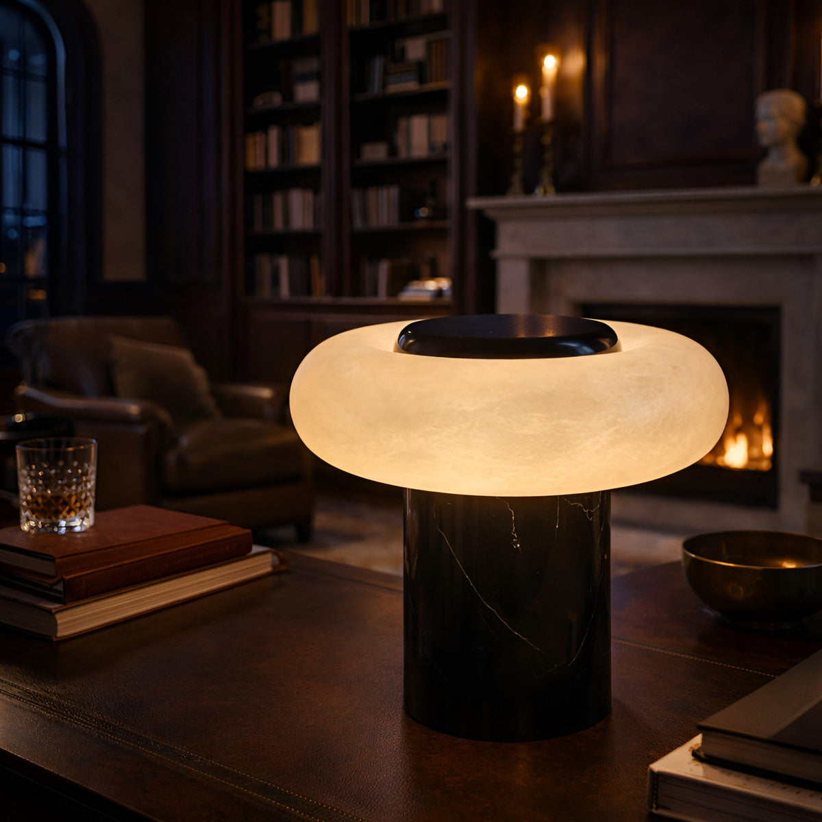 Orvixa LED Alabaster Disc Table Lamp - Soft White & Black