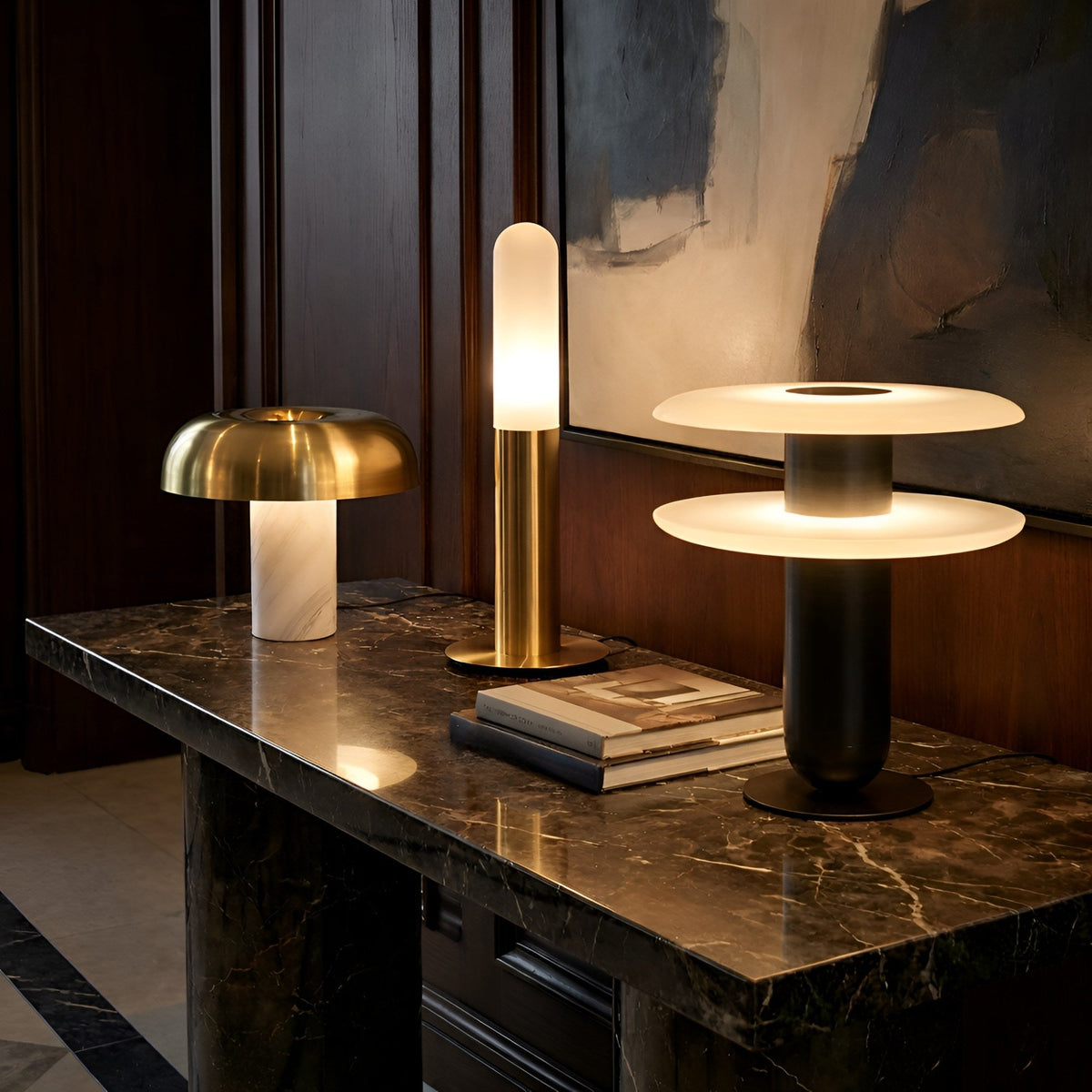 Luxelle LED Double Tiered Alabaster Table Lamp - Soft White & Black