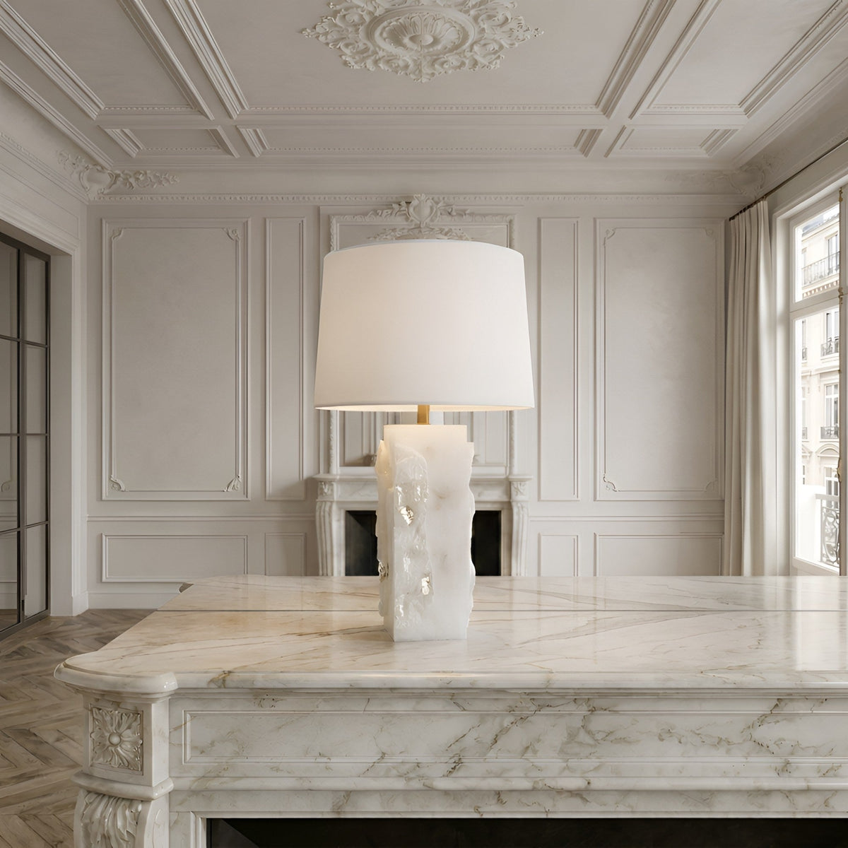 Kavryn Raw Cut Alabaster Table Lamp - Brass & White Shade