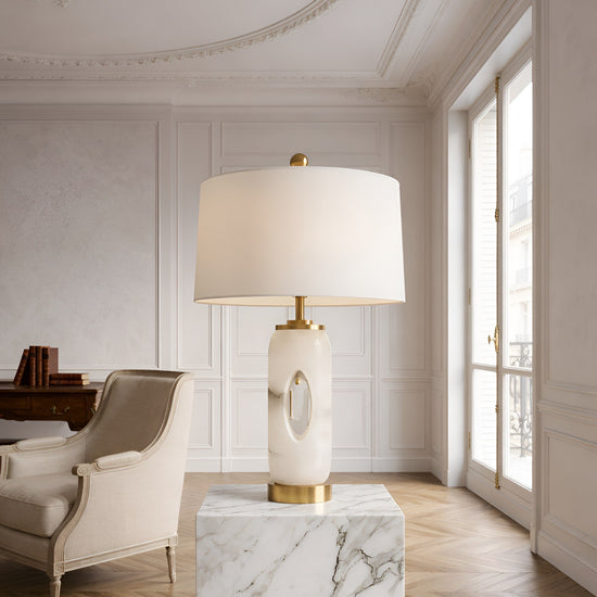 Elovier Carved Oval Alabaster Table Lamp - Brass & White