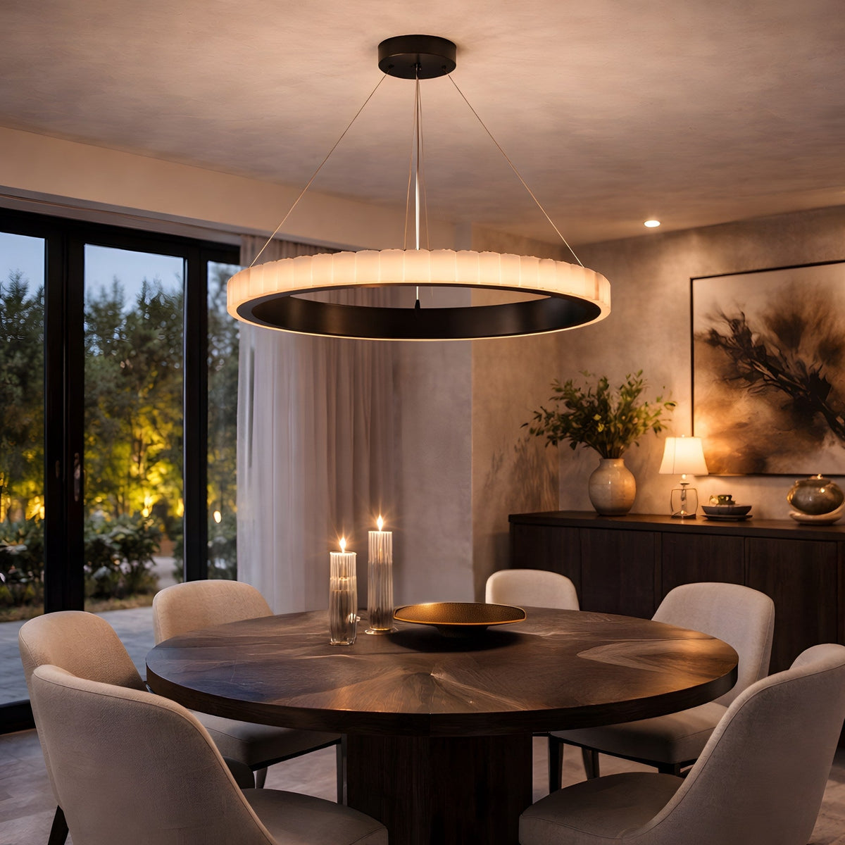 Lucenza LED Halo Ring Alabaster Chandelier 600mm - Matt Black