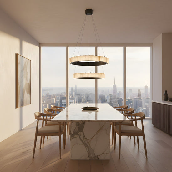 Lucenza LED 2 Tier Halo Ring Alabaster Chandelier - Matte Black