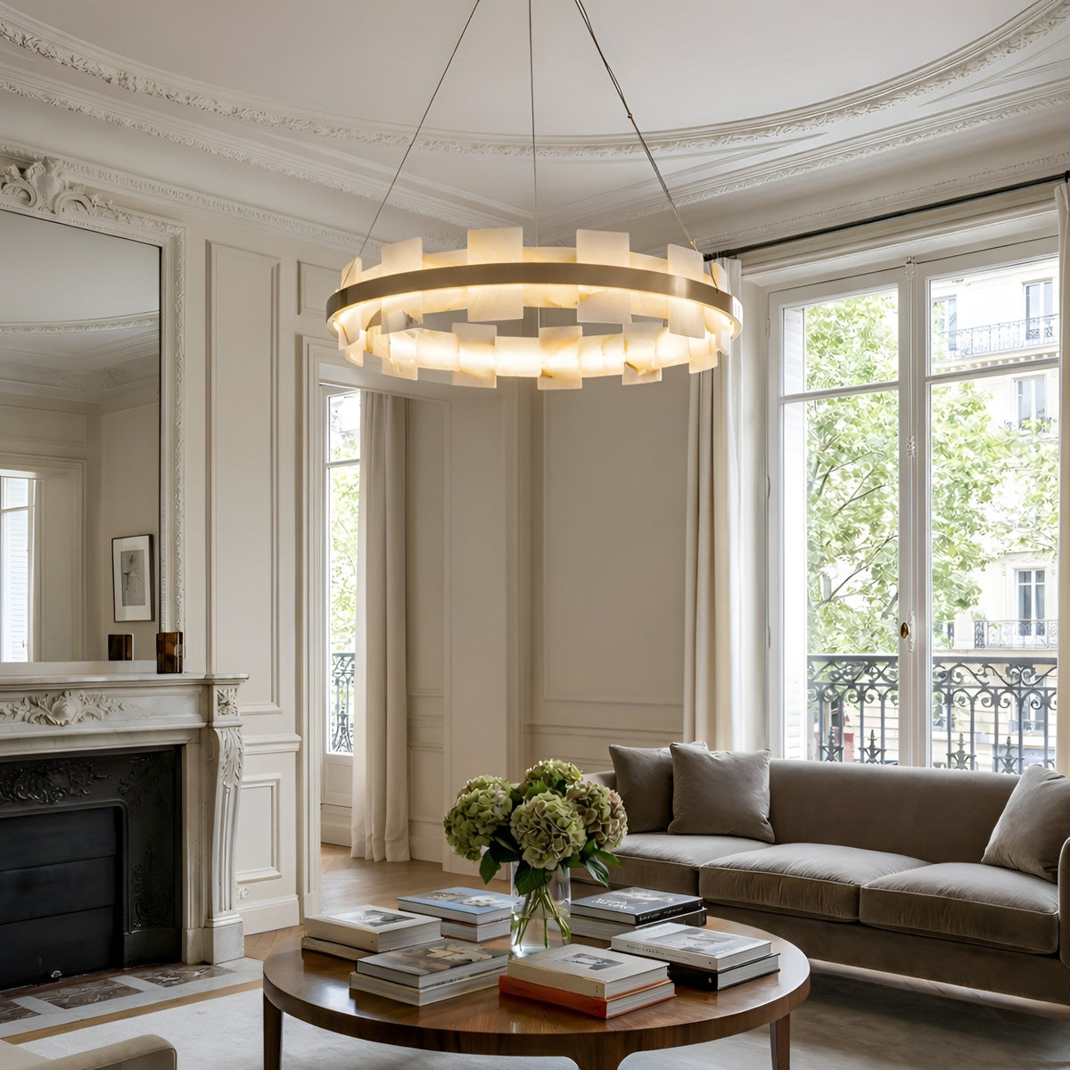 Montyra LED Panelled Alabaster Chandelier 600mm - Brushed Brass