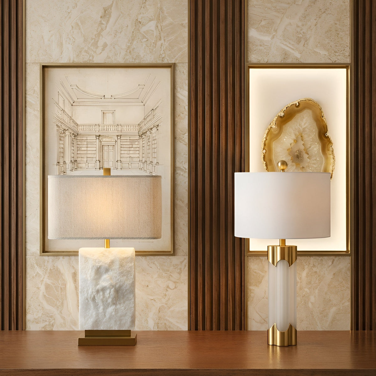 Axis 1 Light Alabaster Table Lamp - Brass & Soft White