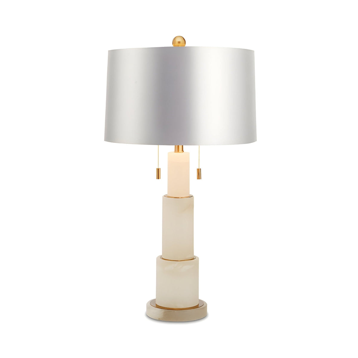 Eloria Stacked Alabaster Table Lamp, Brushed Brass, Grey Shade