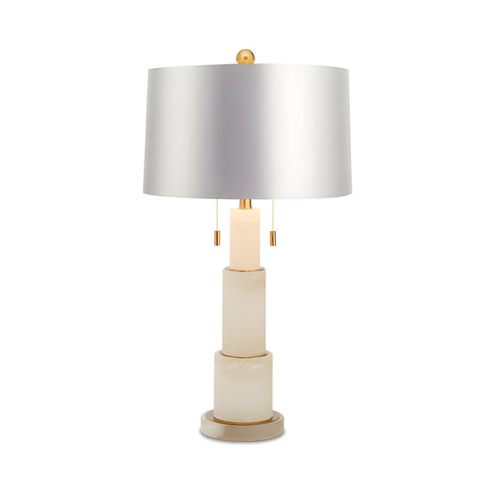 Eloria Stacked Alabaster Table Lamp, Brushed Brass, Grey Shade