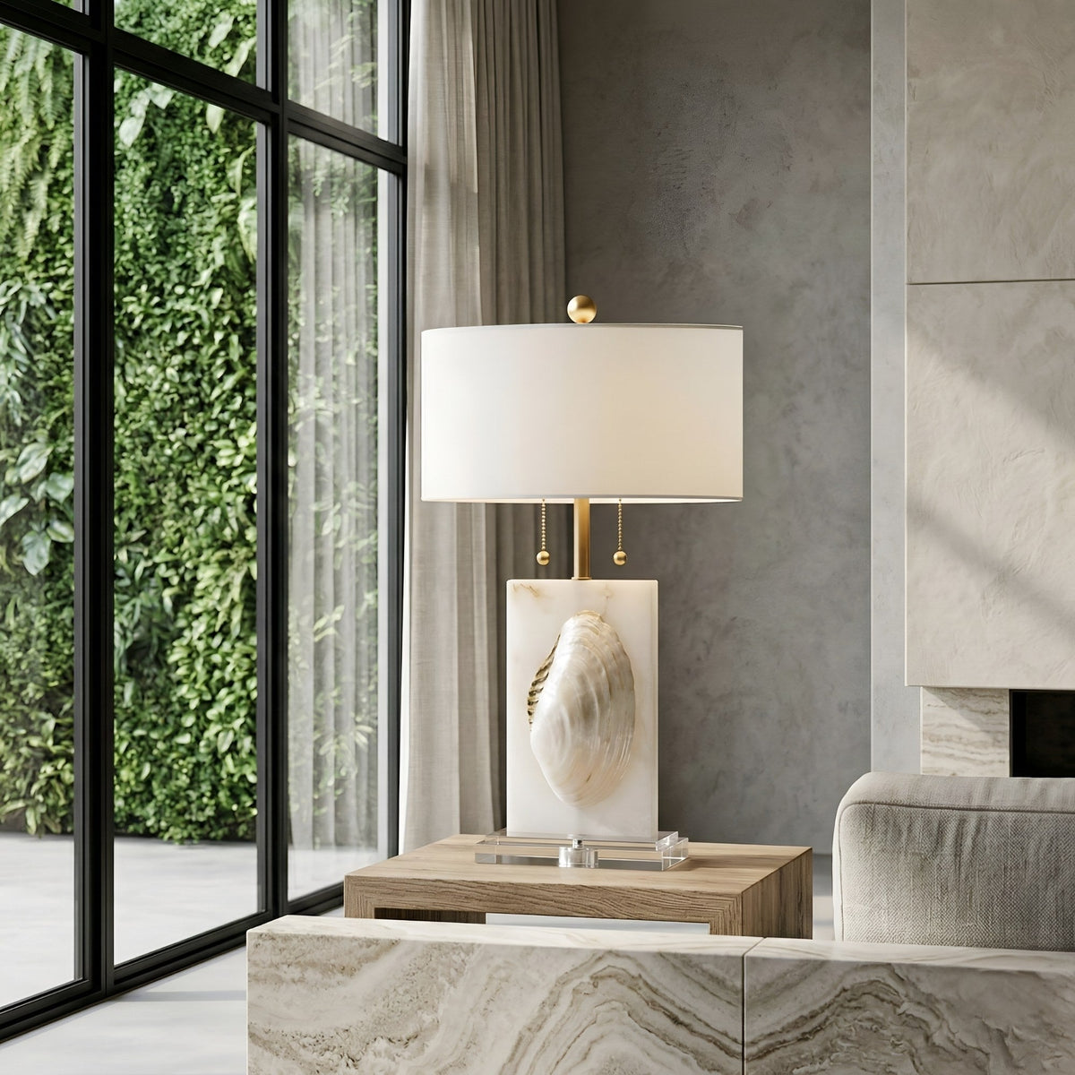 Carved Shell 1 Light Alabaster Table Lamp - Brass & White