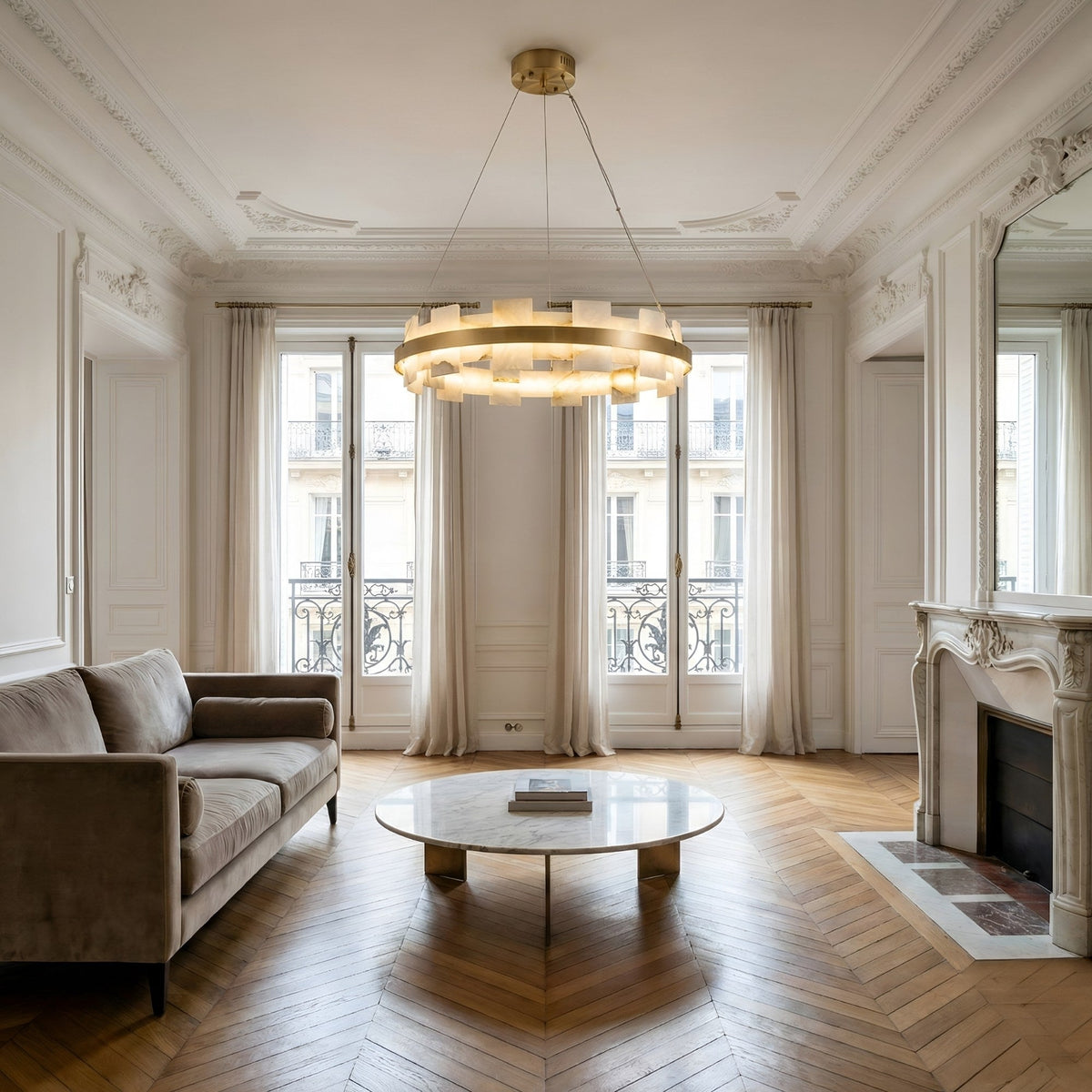 Montyra LED Large Panelled Alabaster Chandelier - Brushed Brass