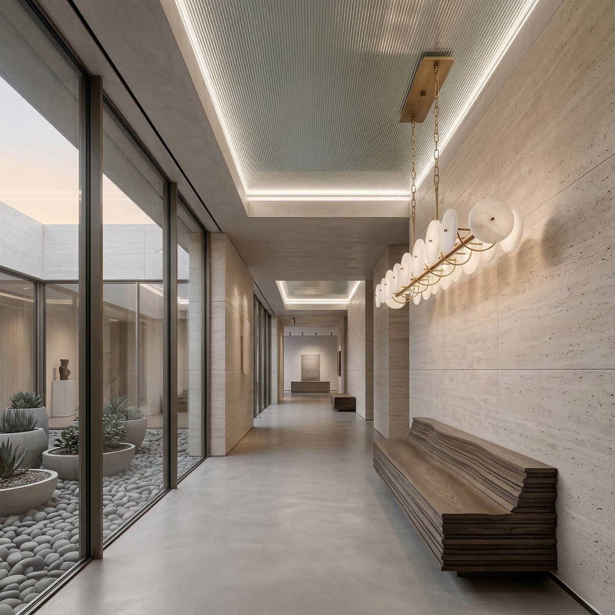 Solaryn LED Linear Alabaster Chandelier - Brass
