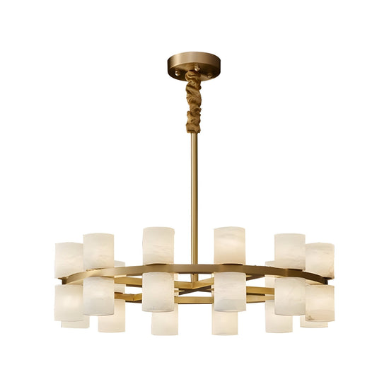 Valenro 32 Light Cylindrical Alabaster Chandelier - Soft White & Brass