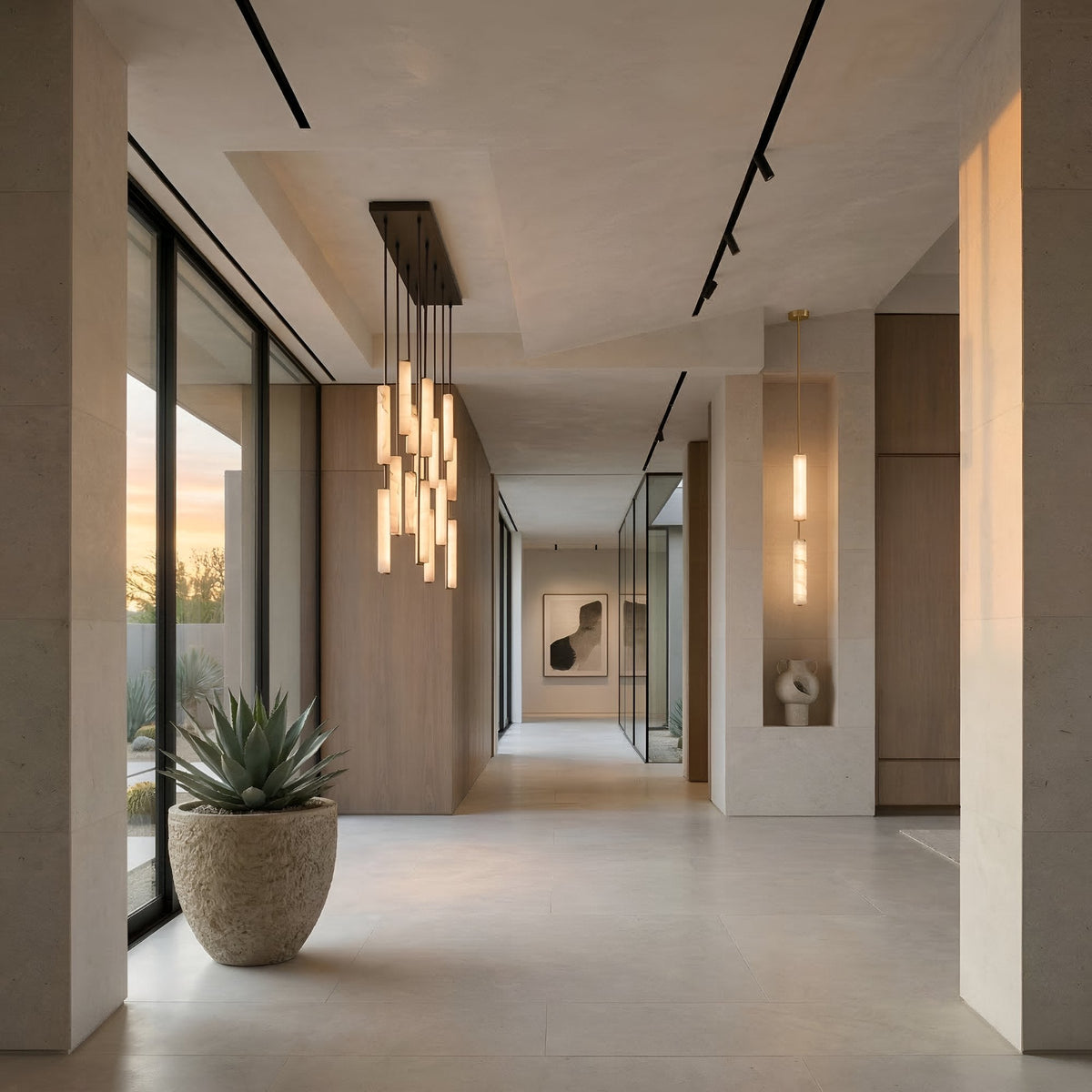 Selvara 10 Light Vertical Alabaster Linear Chandelier - Matt Black