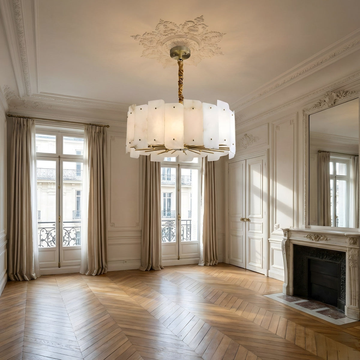 Caldrin 10 Light Tiered Panel Alabaster Chandelier - Soft White & Brass