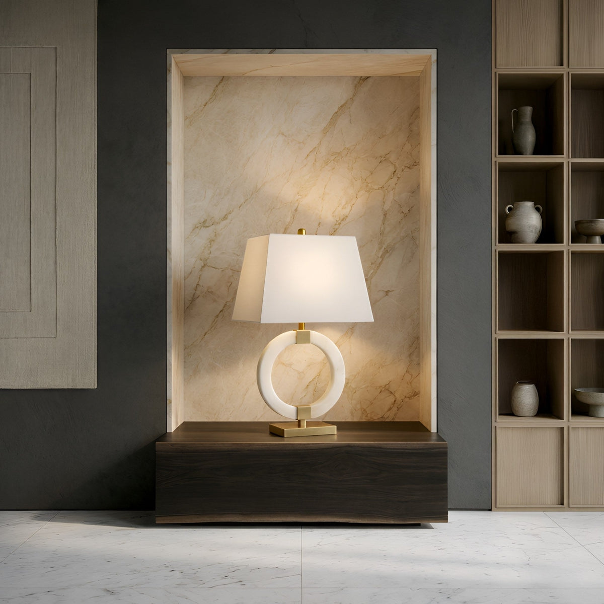 Calveron Circular Alabaster Table Lamp - Brass & White