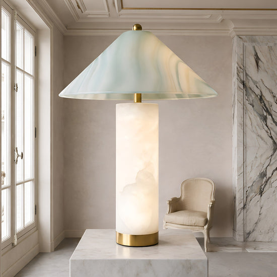 Veridra Alabaster Table Lamp Conical Green Shade - Soft White & Brass