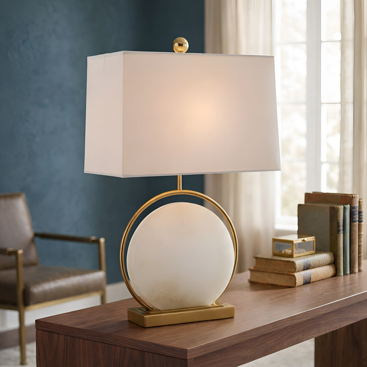 Orivane Circular Alabaster Table Lamp - Brass & Soft White