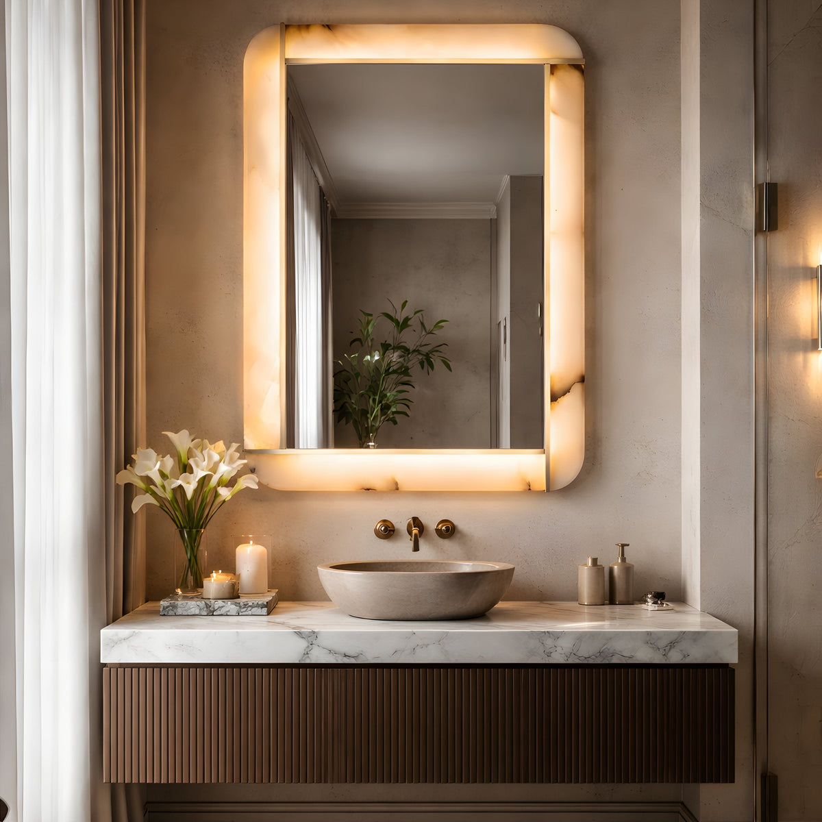 Solviera LED Alabaster Rectangular Wall Mirror - Soft White