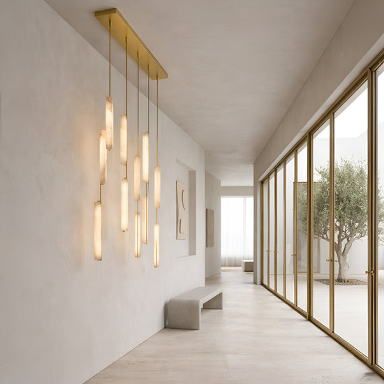 Selvara 10 Light Vertical Alabaster Linear Chandelier - Brushed Brass