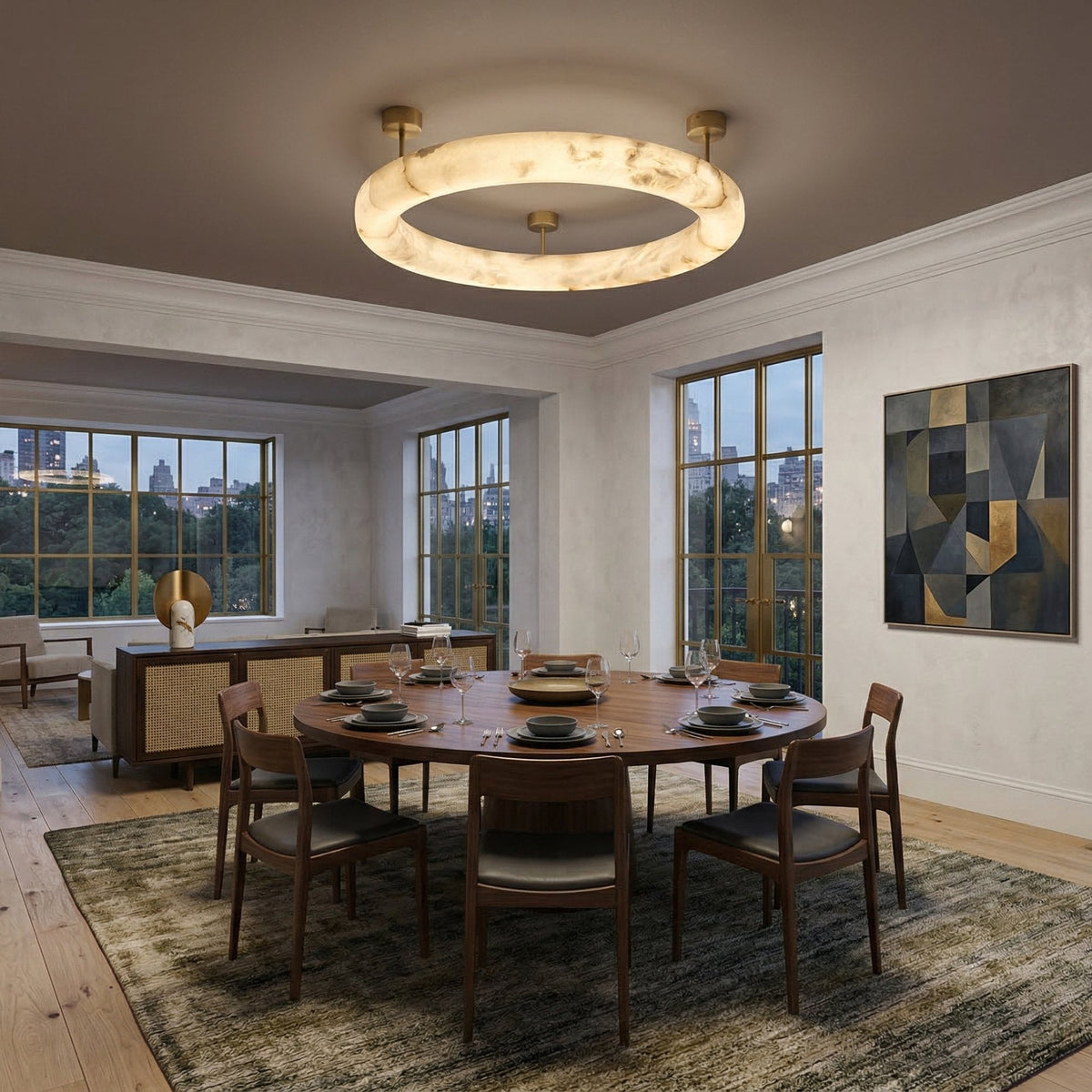Orbis Medium LED Alabaster Semi-Flush Ceiling Light - Brushed Brass