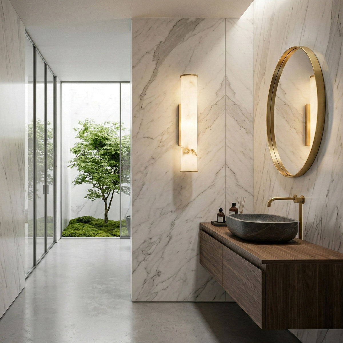 Montavo Small LED Alabaster Tube Wall Light - Brushed Brass