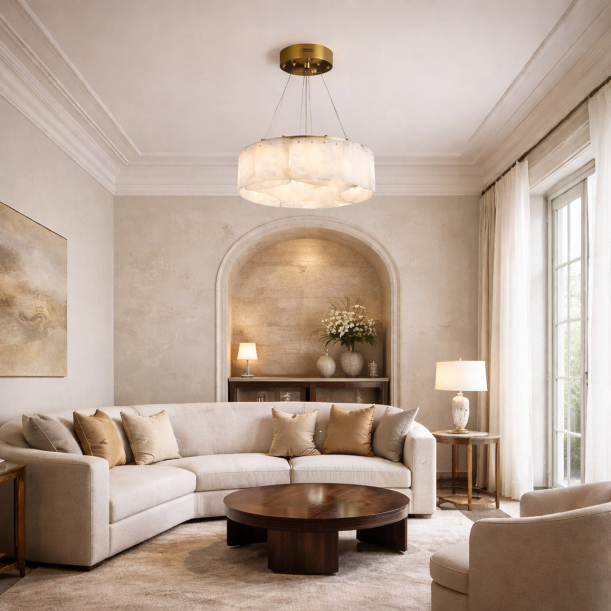 Caldrisa 10 Light Layered Panel Alabaster Chandelier - Brass
