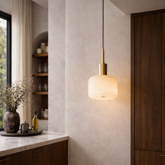 Nerix 1 Light Small Drum Alabaster Pendant - Soft White & Brushed Brass