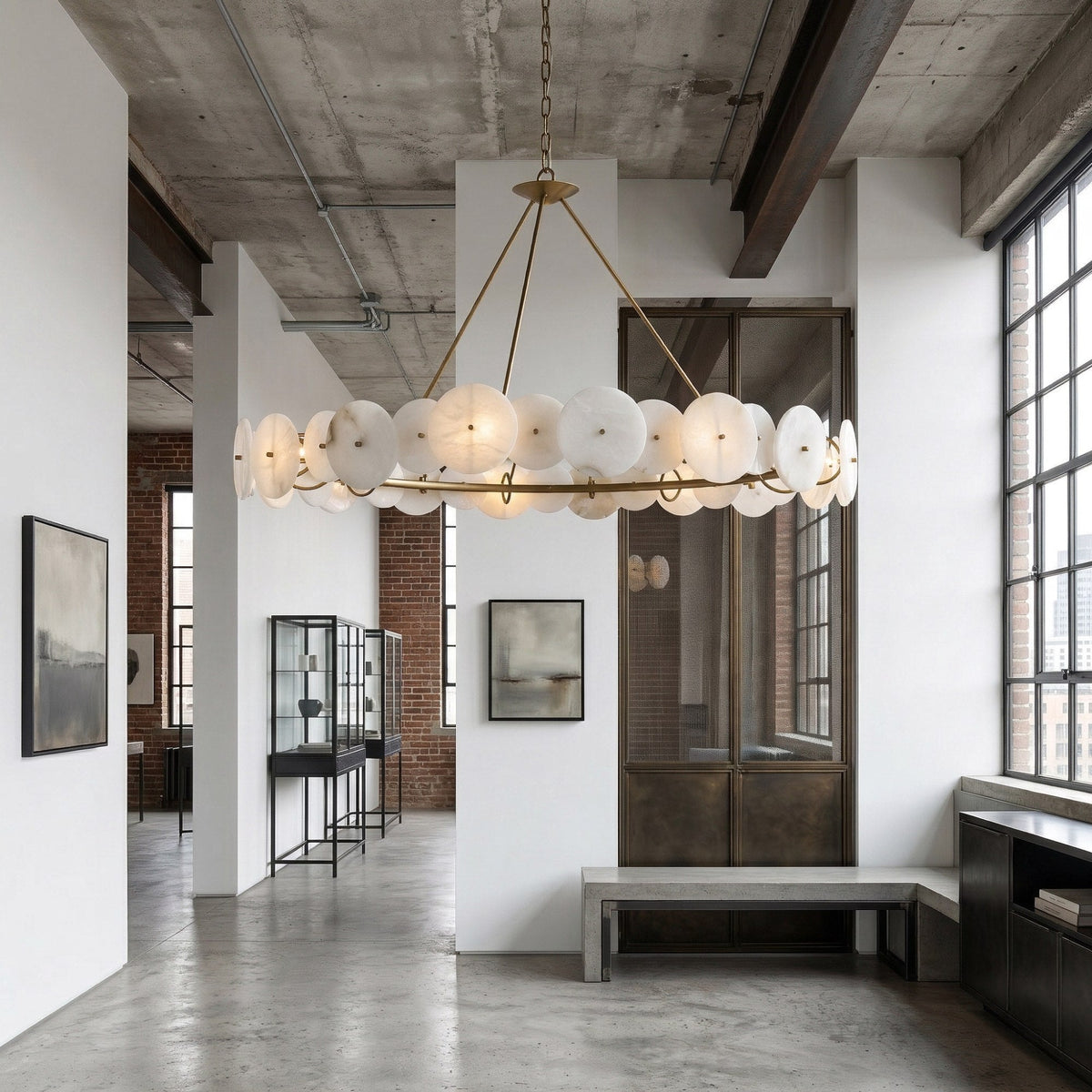 Solaryn LED Alabaster Disc Ring Chandelier - Brass