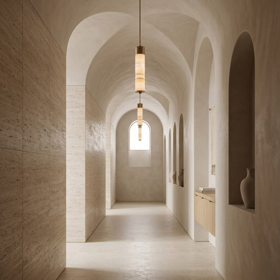 Elviro LED Slim Tube Alabaster Pendant Light - Brushed Brass