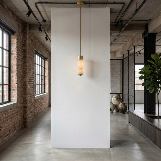 Elviro LED Slim Tube Alabaster Pendant Light - Brushed Brass